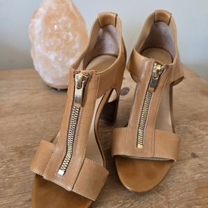 Franco Sarto Tan Heeled Sandals with Gold Zipper